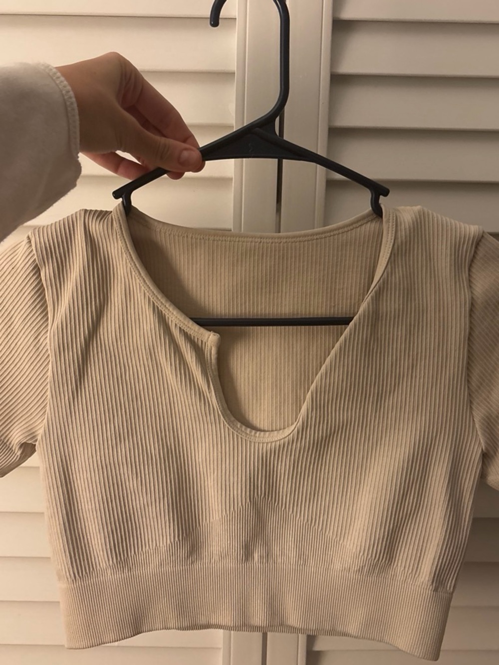 Ribbed Scoop-Neck Cropped Top in Beige